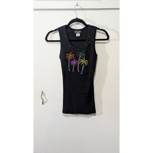 Rhinestoned Palm Tree Black Tank Top sz S